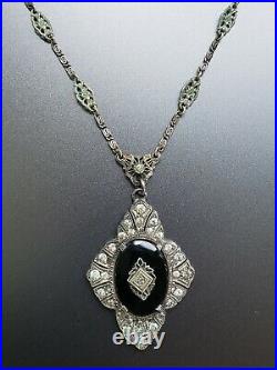 Antique/Vtg Art Deco Sterling Silver Lavalier Black Onyx Clear Stone Necklace