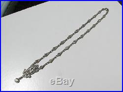 Antique Vtg. Art Deco White Metal Paste Rhinestones Lavalier Necklace Hand Tooled