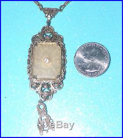 Antique/Vtg Edwardian/Art Deco Lavaliere Necklace withYellow Camphor Glass Pendant