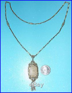 Antique/Vtg Edwardian/Art Deco Lavaliere Necklace withYellow Camphor Glass Pendant