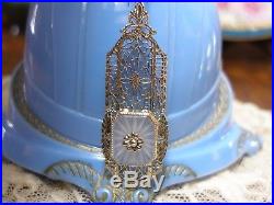 Antique White Gold Filigree Camphor Glass Pendant Necklace 10k 1920's Art Deco