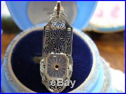 Antique White Gold Filigree Camphor Glass Pendant Necklace 10k 1920's Art Deco