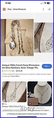 Antique art deco french paste rhinestone drop lariat y necklace