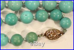 Antique art deco knotted graduated bead Chinese turquoise necklace sterling clas