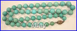 Antique art deco knotted graduated bead Chinese turquoise necklace sterling clas