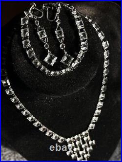 Antique art deco sterling silver crystal necklace set