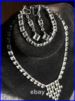 Antique art deco sterling silver crystal necklace set