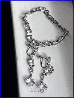 Antique art deco sterling silver crystal necklace set