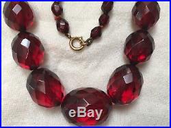 Antique bakelite 1920s Art Deco red cherry faux amber long bead necklace faceted