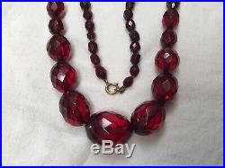 Antique bakelite 1920s Art Deco red cherry faux amber long bead necklace faceted