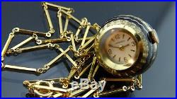 Antique gold filled Art deco Enamel watch Necklace pendant&long links chain/29