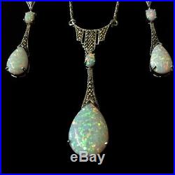 Antique style Sterling Silver Fire opal Marcasite pear drop Earrings & Necklace