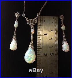 Antique style Sterling Silver Fire opal Marcasite pear drop Earrings & Necklace