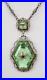 Antq Art Deco Marcasite Silvertone Filigree Faceted Green Glass Pendant Necklace