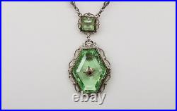 Antq Art Deco Marcasite Silvertone Filigree Faceted Green Glass Pendant Necklace