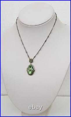 Antq Art Deco Marcasite Silvertone Filigree Faceted Green Glass Pendant Necklace