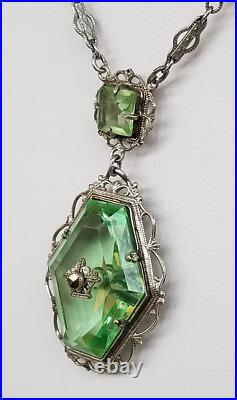 Antq Art Deco Marcasite Silvertone Filigree Faceted Green Glass Pendant Necklace