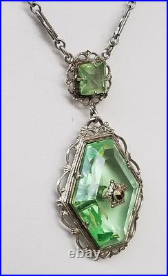 Antq Art Deco Marcasite Silvertone Filigree Faceted Green Glass Pendant Necklace