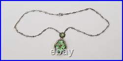 Antq Art Deco Marcasite Silvertone Filigree Faceted Green Glass Pendant Necklace