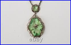 Antq Art Deco Marcasite Silvertone Filigree Faceted Green Glass Pendant Necklace