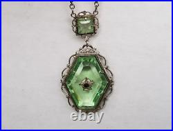 Antq Art Deco Marcasite Silvertone Filigree Faceted Green Glass Pendant Necklace