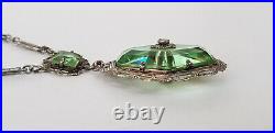 Antq Art Deco Marcasite Silvertone Filigree Faceted Green Glass Pendant Necklace