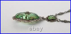 Antq Art Deco Marcasite Silvertone Filigree Faceted Green Glass Pendant Necklace