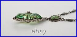 Antq Art Deco Marcasite Silvertone Filigree Faceted Green Glass Pendant Necklace