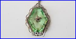 Antq Art Deco Marcasite Silvertone Filigree Faceted Green Glass Pendant Necklace