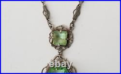 Antq Art Deco Marcasite Silvertone Filigree Faceted Green Glass Pendant Necklace