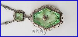 Antq Art Deco Marcasite Silvertone Filigree Faceted Green Glass Pendant Necklace