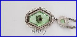 Antq Art Deco Marcasite Silvertone Filigree Faceted Green Glass Pendant Necklace