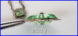 Antq Art Deco Marcasite Silvertone Filigree Faceted Green Glass Pendant Necklace