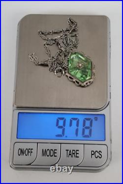 Antq Art Deco Marcasite Silvertone Filigree Faceted Green Glass Pendant Necklace