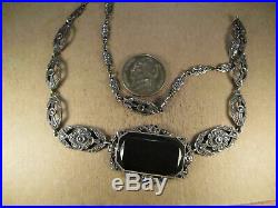 Antq. Germany Art Deco Sterling Silver & Agate/Marcasite Necklace, 15.75, 13.6g