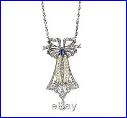 Art Deco 1.50ct Diamond Natural Pearl & Sapphire Platinum Filigree Necklace
