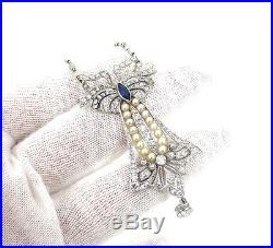 Art Deco 1.50ct Diamond Natural Pearl & Sapphire Platinum Filigree Necklace