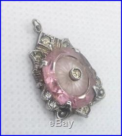 Art Deco 10K Gold Camphor Pink Glass Pendant Vintage Necklace Jewelry