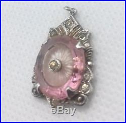 Art Deco 10K Gold Camphor Pink Glass Pendant Vintage Necklace Jewelry