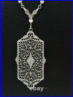 Art Deco 10K White Gold Old Mine Cut Diamond Filigree Milgrain Pendant Necklace