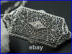 Art Deco 10K White Gold Old Mine Cut Diamond Filigree Milgrain Pendant Necklace
