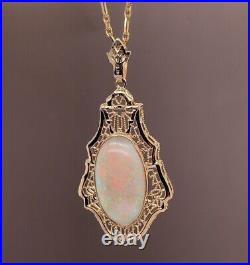 Art Deco 10k Gold 4.73ct Genuine Natural Opal Filigree Pendant Necklace (#J5639)