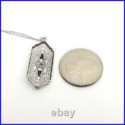 Art Deco 10k White Gold Sapphire Diamond Filigree Pendant Necklace 18in