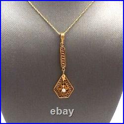 Art Deco 10k and 14k Gold Mine Cut Diamond Dangle Filigree Pendant Necklace 20in