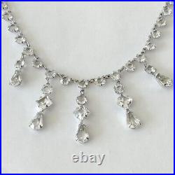 Art Deco 12K White Gold Filled Multi Princess Cut Crystal Drop Wedding Necklace