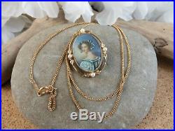 Art Deco 12k Gold Filled Hand-painted Portrait Cameo Pin Pendant Necklace #174