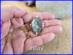 Art Deco 12k Gold Filled Hand-painted Portrait Cameo Pin Pendant Necklace #174