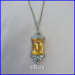 Art Deco 13ct Citrine Diamond Gold Pendant 1920s Necklace Antique Vintage