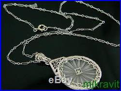 Art Deco 14K Diamond Camphor Glass Filigree Dangle Necklace