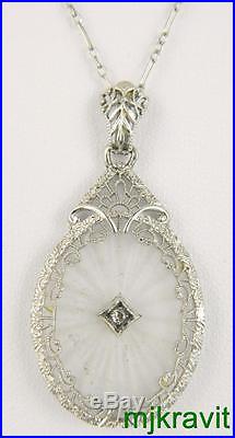 Art Deco 14K Diamond Camphor Glass Filigree Dangle Necklace